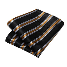 Black Champagne Gold Stripe Men's Tie Handkerchief Cufflinks Clip Set
