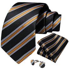 Classic Black Champagne Gold Stripe Men's Tie Pocket Square Cufflinks Set