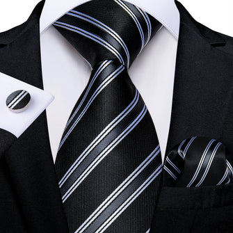 Classic Black Green Stripe Men's Tie Pocket Square Cufflinks Set