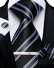 Black Green White Stripe Men's Tie Handkerchief Cufflinks Clip Set