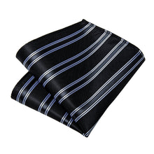 Black Green White Stripe Men's Tie Handkerchief Cufflinks Clip Set