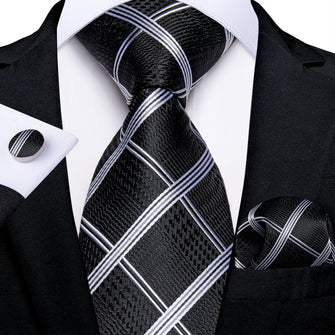 Classic Black Silver Stripe Men's Tie Pocket Square Cufflinks Set