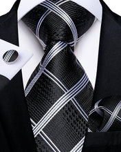 Classic Black Silver Stripe Men's Tie Pocket Square Cufflinks Set