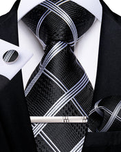 Black Silver Stripe Men's Tie Handkerchief Cufflinks Clip Set