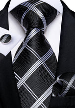 Black Silver Stripe Men's Tie Handkerchief Cufflinks Clip Set
