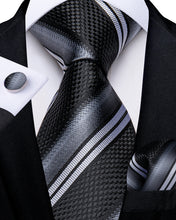 Classic Black Grey Stripe Men's Tie Pocket Square Cufflinks Set