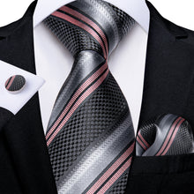 Classic Black Pink Grey Stripe Men's Tie Pocket Square Cufflinks Set