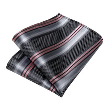 Black Pink Grey Stripe Men's Tie Handkerchief Cufflinks Clip Set