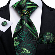Classic Black Green Floral Men's Tie Pocket Square Cufflinks Set