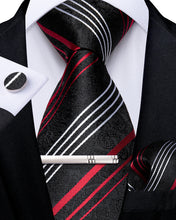 Black Red White Stripe Men's Tie Handkerchief Cufflinks Clip Set