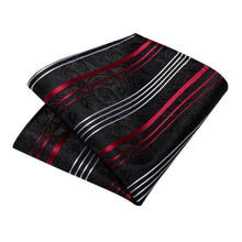 Black Red White Stripe Men's Tie Handkerchief Cufflinks Clip Set