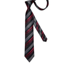 Classic Black White Red Stripe Floral Men's Tie Pocket Square Cufflinks Set