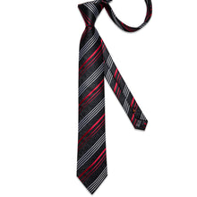 Black Red White Stripe Men's Tie Handkerchief Cufflinks Clip Set