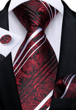 Red White Stripe Floral Men's Tie Handkerchief Cufflinks Clip Set