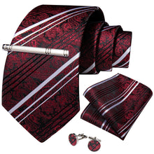 Red White Stripe Floral Men's Tie Handkerchief Cufflinks Clip Set