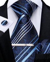 Blue White Stripe Floral Men's Tie Handkerchief Cufflinks Clip Set