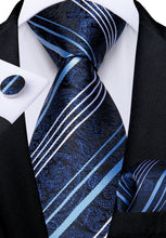 Blue White Stripe Floral Men's Tie Handkerchief Cufflinks Clip Set
