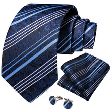 Classic White Blue Stripe Floral Men's Tie Pocket Square Cufflinks Set
