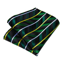 Green Yellow White Stripe Men's Tie Handkerchief Cufflinks Clip Set