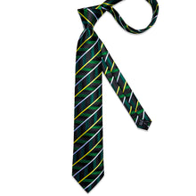 Green Yellow White Stripe Men's Tie Handkerchief Cufflinks Clip Set