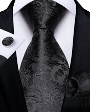 Classic Black Floral Men's Tie Pocket Square Cufflinks Set