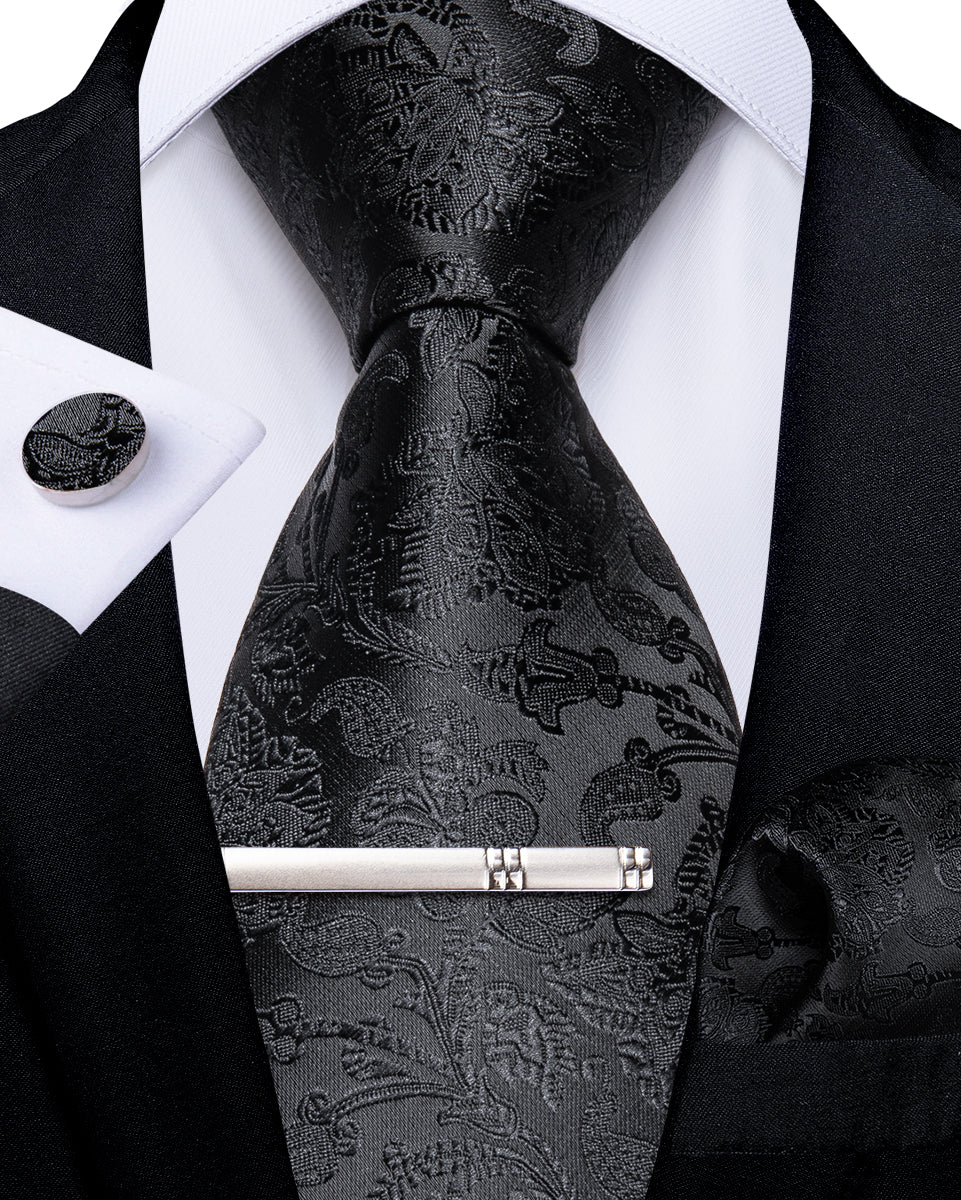 Classic Black Floral Men's Tie Pocket Square Cufflinks Clip Set