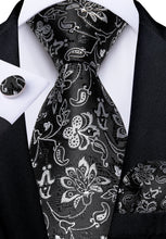 Classic Black Silver Floral Men's Tie Pocket Square Cufflinks Clip Set