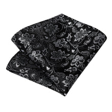 Classic Black Silver Floral Men's Tie Pocket Square Cufflinks Set