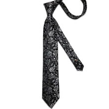 Classic Black Silver Floral Men's Tie Pocket Square Cufflinks Set