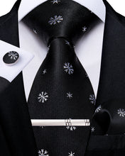 Christmas Black Silver Snowflake Men's Tie Handkerchief Cufflinks Clip Set