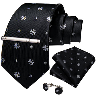 Christmas Black Silver Snowflake Men's Tie Handkerchief Cufflinks Clip Set