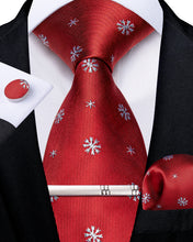 Christmas Red Silver Snowflake Men's Tie Handkerchief Cufflinks Clip Set