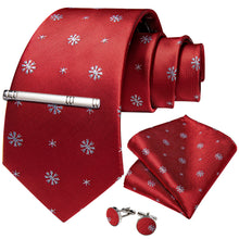 Christmas Red Silver Snowflake Men's Tie Handkerchief Cufflinks Clip Set