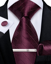 Claret Stripe Lattice Men's Tie Handkerchief Cufflinks Clip Set
