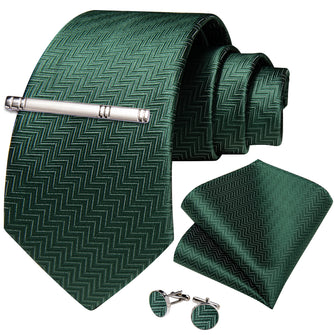 Green Stripe Lattice Men's Tie Handkerchief Cufflinks Clip Set
