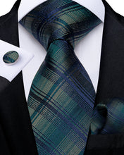 Classic Green Blue Stripe Men's Tie Pocket Square Cufflinks Set