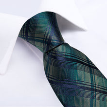 Green Blue Stripe Lattice Men's Tie Handkerchief Cufflinks Clip Set