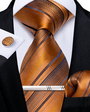 Orange Brown Striped Men's Tie Handkerchief Cufflinks Clip Set