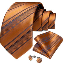 Orange Brown Striped Men's Tie Pocket Square Cufflinks Set