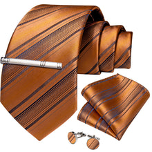 Orange Brown Striped Men's Tie Handkerchief Cufflinks Clip Set