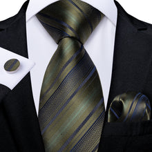 Green Stripe Men's Tie Pocket Square Cufflinks Set