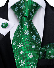 Christmas Green Snowflake Men's Tie Pocket Square Cufflinks Set