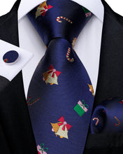 Christmas Men's Blue Silk Tie Pocket Square Cufflinks Set