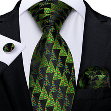 Black Silk Green Christmas Tree Men's Tie Pocket Square Cufflinks Set