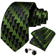 Black Silk Green Christmas Tree Men's Tie Pocket Square Cufflinks Set