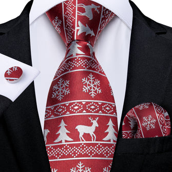 Christmas Elk Snowflake Red Solid Men's Tie Pocket Square Cufflinks Set