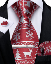 Christmas Elk Snowflake Red Solid Men's Tie Handkerchief Cufflinks Clip Set