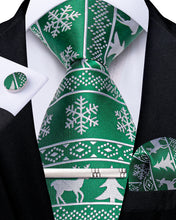 Christmas Green Snowflake Elk Christmas Tree Men's Tie Pocket Square Cufflinks Clip Set