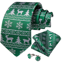 Christmas Green Snowflake Elk Christmas Tree Men's Tie Pocket Square Cufflinks Set