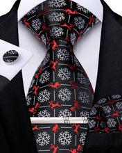 Christmas Black White Snowflake Men's Tie Handkerchief Cufflinks Clip Set